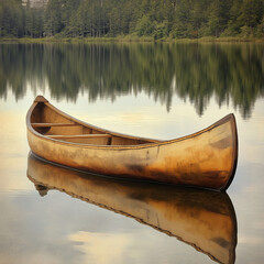Rustic Wooden Canoe Gliding Across the Lake, Perfect for Peaceful Water Exploration and Serenity