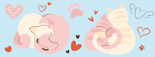 Valentine day cute cartoon cats with pink heart patterns, decorative paw prints and romantic elements. Adorable holiday pets sleeping together, hugging while sitting with back on blue background.