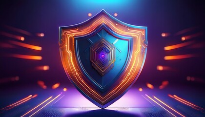 Fototapeta premium A vibrant, futuristic shield with glowing accents set against a dark background, symbolizing protection and security in a digital realm.