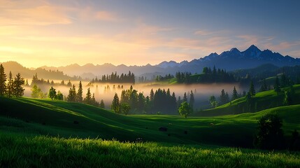 Naklejka premium Serene Morning Landscape with Mist Over Rolling Green Hills