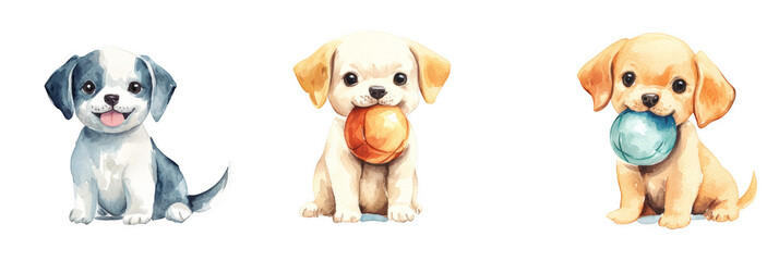 Obraz premium Cute watercolor illustration of three tiny dogs, each holding ball. playful expressions and vibrant colors evoke joy and warmth