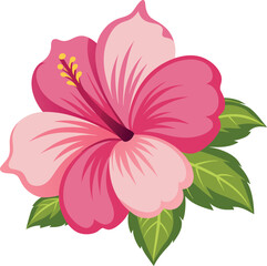 vector illustration of a pink hibiscus flower on white background with tropical leaves