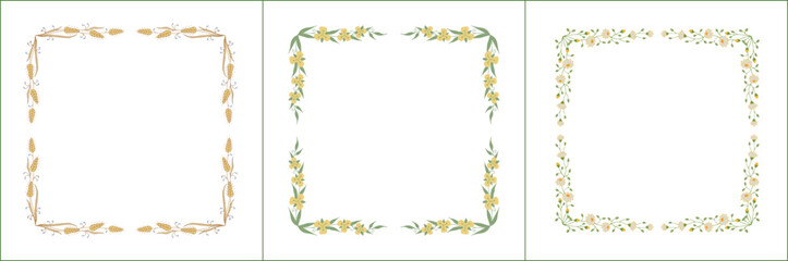 Set of three elegant green vegetal ornamental frame with yellow flowers, decorative border. Isolated vector illustration