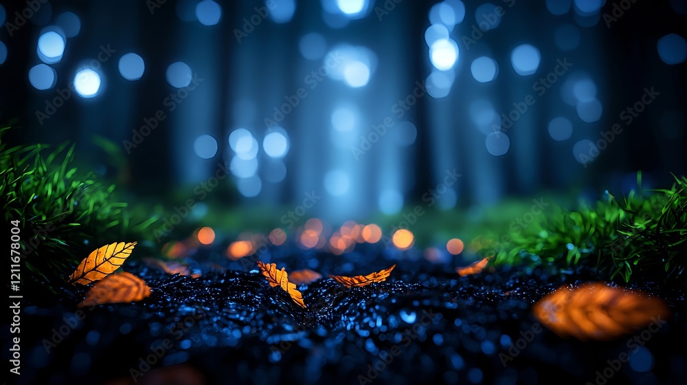 Poster serene forest path with vibrant leaves and dreamy background bokeh