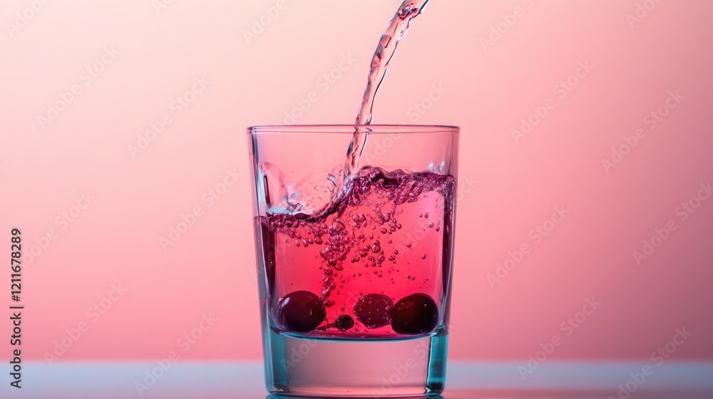 Poster a vibrant cranberry syrup is poured into clear water, creating an ombre gradient that blends seamles