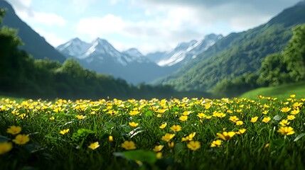 Vibrant field of yellow flowers with mountains in the background