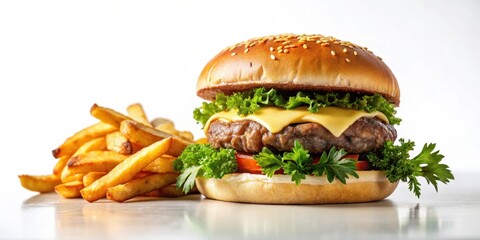 A juicy cheeseburger with sesame seed bun, lettuce, melted cheese, and a side of golden french fries, garnished with fresh herbs, sits on a bright surface