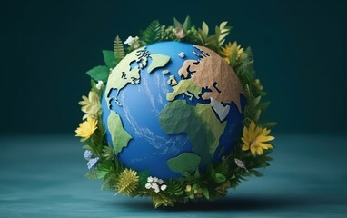 Fototapeta premium Earth Globe Surrounded by Flowers, a Symbol of Environmental Protection and Sustainability