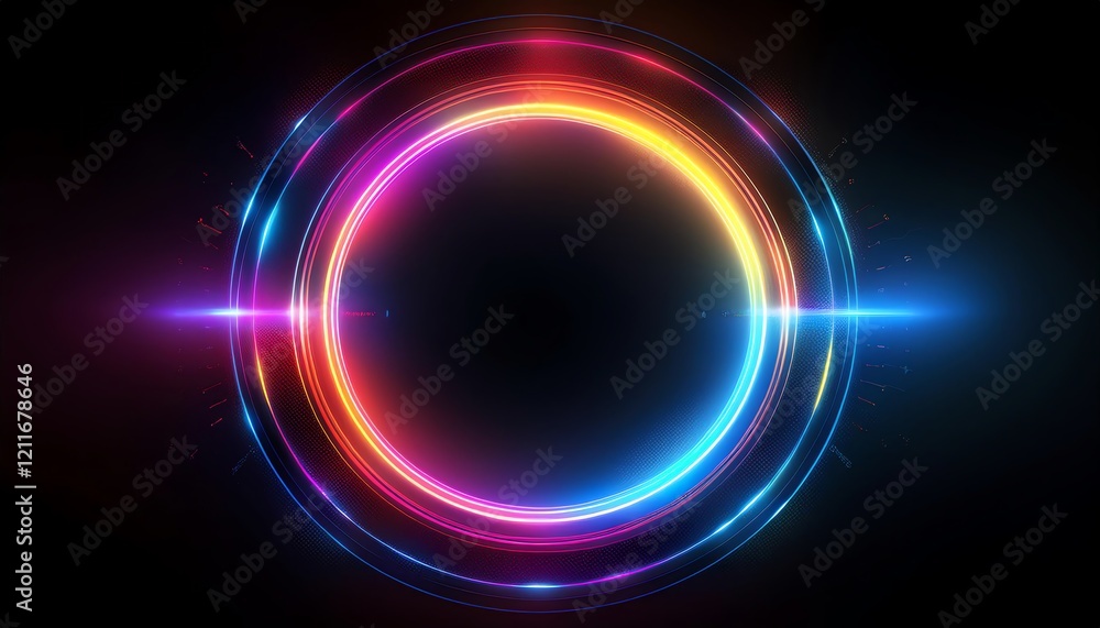 Poster a vibrant, glowing circular design with colorful rays emanating from its edges against a dark backgr