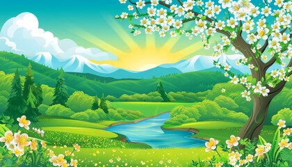 Fototapeta premium A picturesque spring landscape with a river winding through a valley, a flowering tree in the foreground and snow-capped mountains in the background.