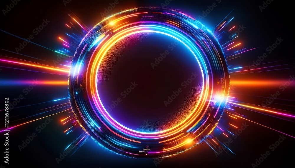 Poster a vibrant circular pattern with radiant beams of light, creating a visually striking effect against 