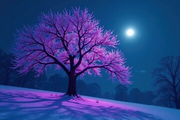 Spidery winter tree bathed in eerie purple light frosty night, dark, spidery