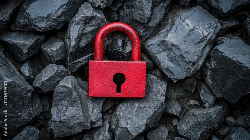 Poster a vibrant red padlock sits amidst jagged black stones, symbolizing security and protection, creating