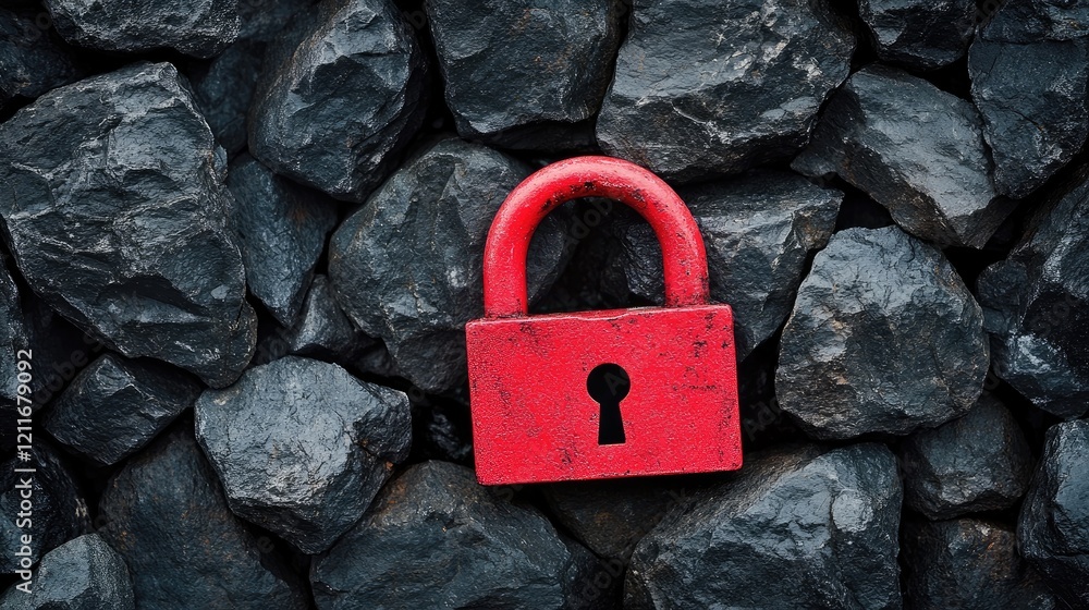 Poster a vibrant red padlock sits amidst jagged black stones, symbolizing security and protection, creating