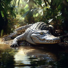 Obraz premium Crocodile in the jungle in the wild near the water. Illustration for a children's book