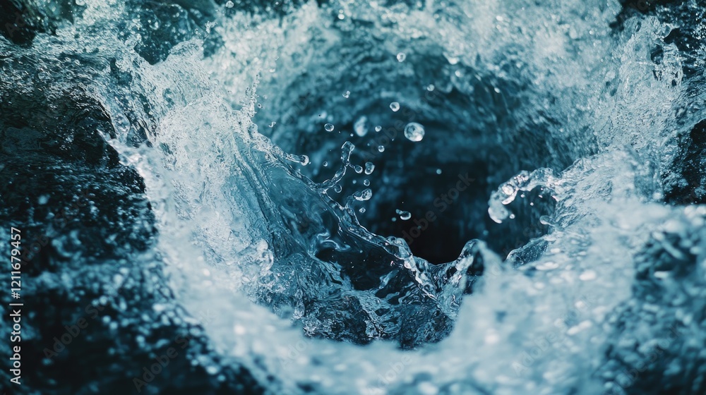 Poster a water droplet falls into the center of an ocean, creating ripples that spread out in all direction