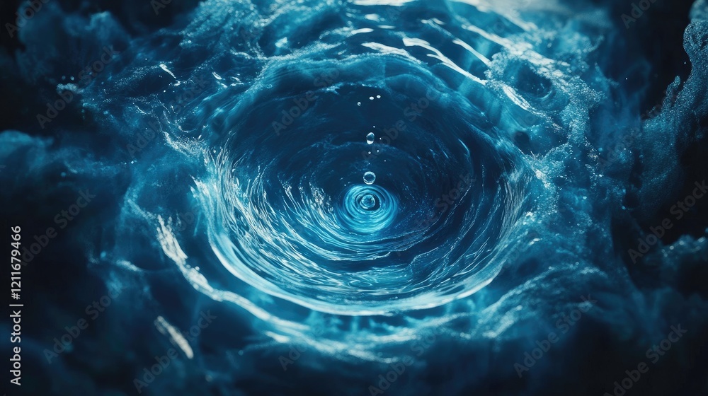 Poster a water droplet falls into the center of an ocean, creating ripples that spread out in all direction
