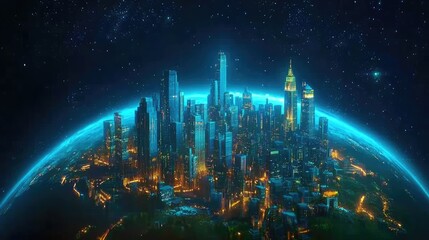 A vibrant urban skyline at night, hovering above a glowing Earth globe, with vivid blue and green continents illuminating the scene.
