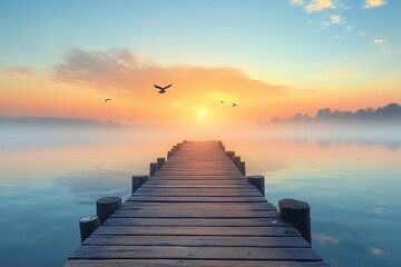 Wooden Pier Stretching Into Tranquil Lake Creating a Serene Escape in Nature