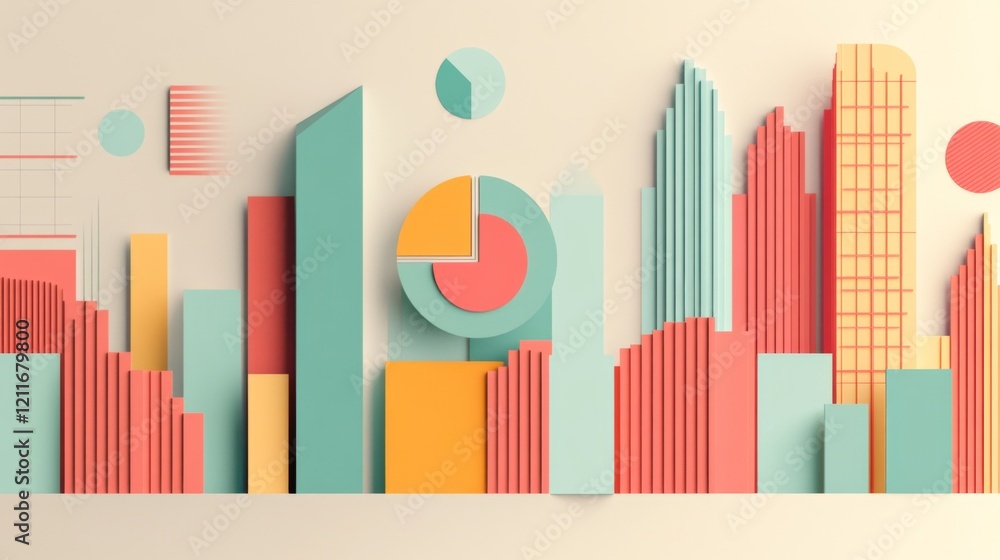 Aufkleber d bars and pie chart graphics in vivid colors, floating in space against a neutral backdrop for a vi