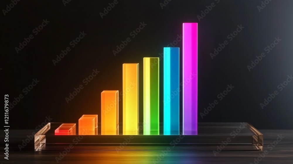 Poster d bar graph with vibrant colors, arranged in ascending order on a transparent glass base, with soft 