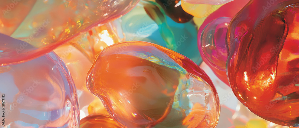 Poster vibrant textures and unique designs of colorful art glass captured in various shapes