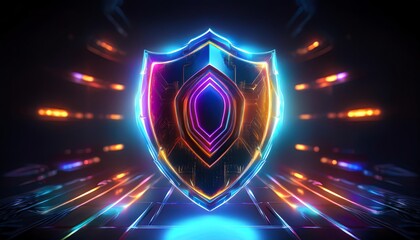 Fototapeta premium A vibrant, glowing shield with neon accents, set against a dark background, symbolizing protection and security in a digital landscape.