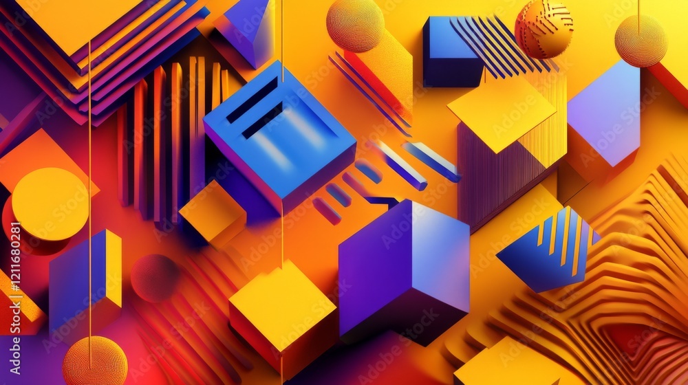 Poster abstract geometric shapes in vibrant colors, overlapping and forming a modern, dynamic design with s