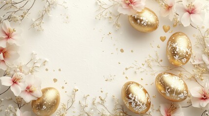 Obraz premium Elegant easter arrangement with golden eggs and floral decorations on cream background