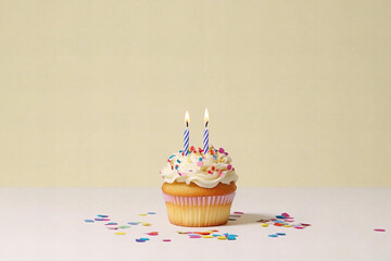 Festive cupcake with colorful frosting, lit candles, and vibrant decorations, perfect for birthdays, parties, and joyful celebrations