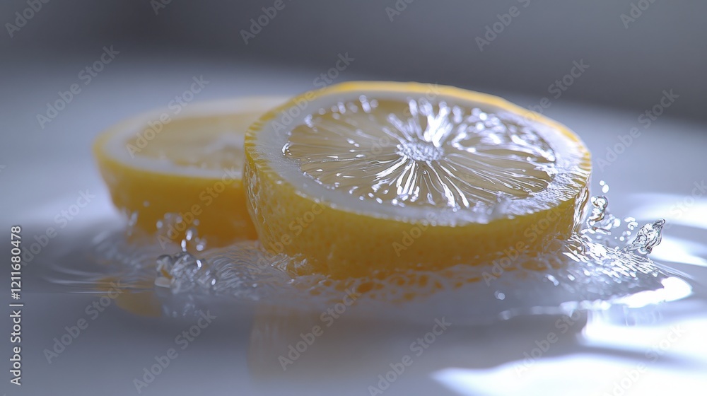 Aufkleber close-up of juicy lemon slices splashing into water, creating a refreshing and vibrant scene. perfec