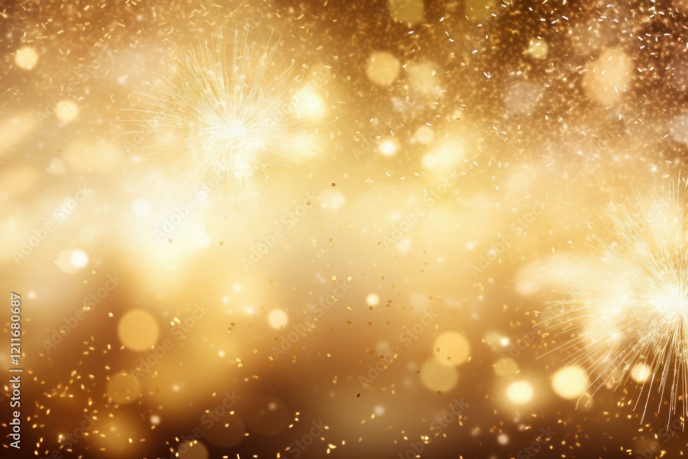 Poster festive golden fireworks exploding with falling confetti and bokeh lights create a celebratory atmos