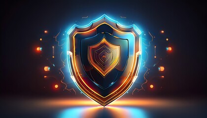 Fototapeta premium A glowing, futuristic shield emblem with vibrant colors and intricate designs, symbolizing protection and security.