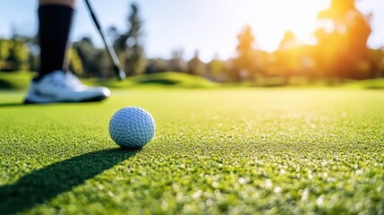 A golf player lining up their shot on a pristine green course.