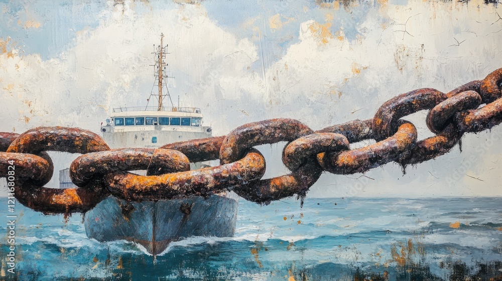 Poster an aged ship's chain with rusty shackles, framed by a cargo vessel and ocean backdrop, symbolizing t