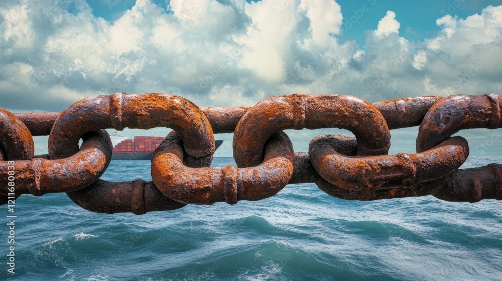 Poster an aged ship's chain with rusty shackles, framed by a cargo vessel and ocean backdrop, symbolizing t