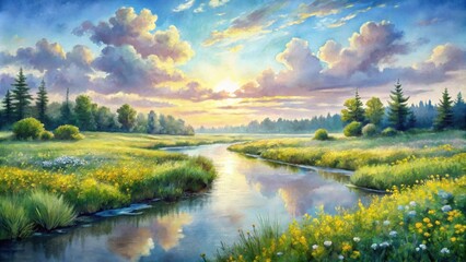 Fototapeta premium Serene Sunset River Scene A Pastoral Landscape with Wildflowers and Reflecting Sky