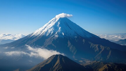 Aerial view of a snow-covered volcano with snow-capped peaks and smoke rising from the crater, set against the backdrop of a clear blue sky.