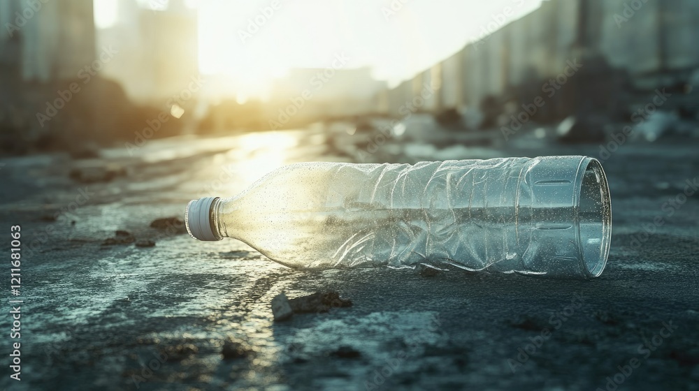 Poster an empty transparent plastic bottle lying on the ground, ready to be recycled in an environmentally-