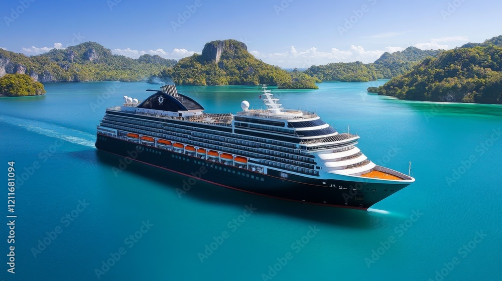 Poster an aerial shot of a large cruise ship navigating through crystal-clear turquoise waters, showcasing 