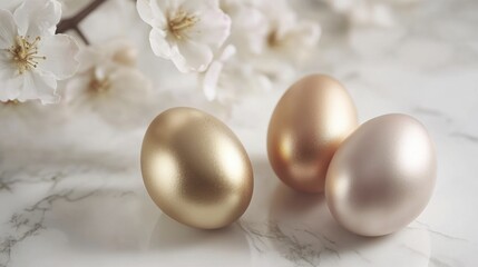 Fototapeta premium Elegant metallic eggs and soft blossoms on marble surface