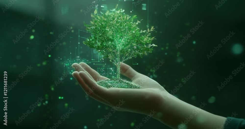 Poster technology concept. eco friendly tech. green tree on computer chip. green ecology. environmental tec