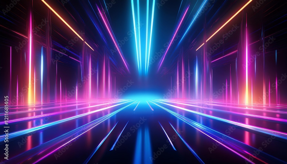 Poster a vibrant, futuristic scene with colorful laser beams and glowing lights, creating a dynamic sense o