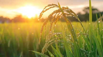 Fototapeta premium Dew-kissed rice, sunset field, rural agriculture