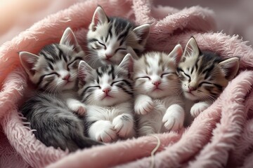 Kittens snuggled together on a pink blanket. 