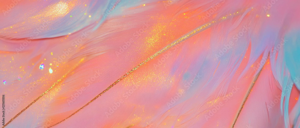 Poster vibrant textures of colorful bird feathers with gold glitters creating a stunning visual display