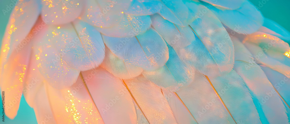Poster Vibrant bird feathers display intricate textures and shimmering colors in stunning contrast