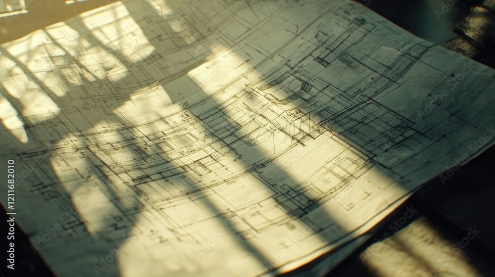Leinwandbilder close-up of blueprints and architectural drawings, with sunlight streaming in from one side, highlig