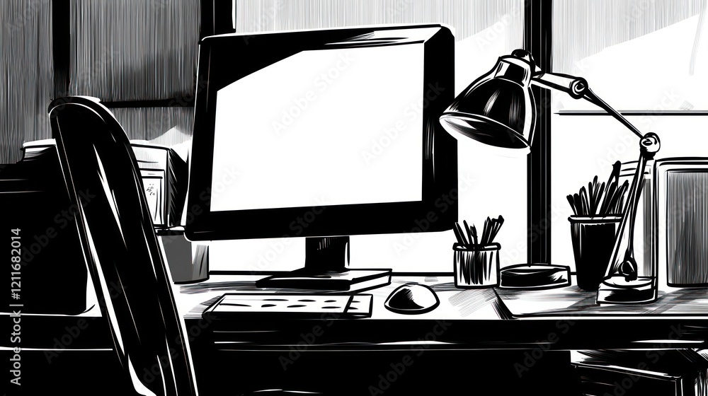 Poster office desk computer workspace window sunlight
