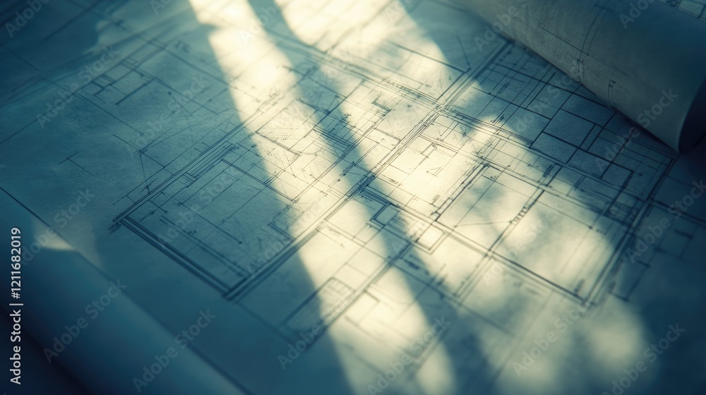 Poster Close-up of architectural blueprints with sunlight casting light effects on one side, emphasizing the detailed design elements and creative process.